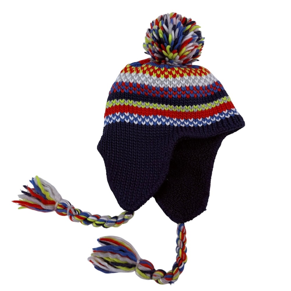 LL Bean Kids Navy Blue Striped Knit Trapper Hat Pom Pom Fleece Lined Small / Med